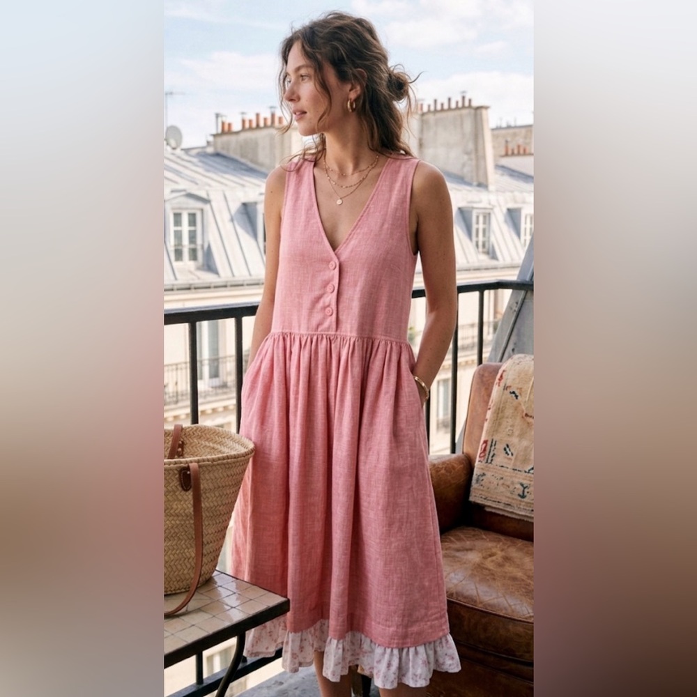 Handmade Romantic Pink Linen-Look Ruffle Hem Cottagecore Pinafore dress size S/M